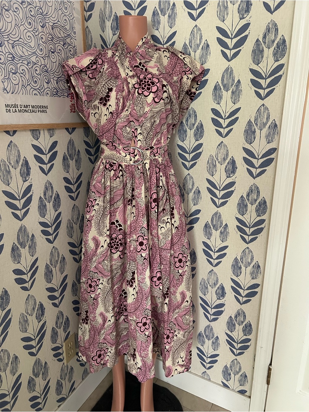 10 Crosby Derek Lam Pink and Cream Floral Belted Midi Dress